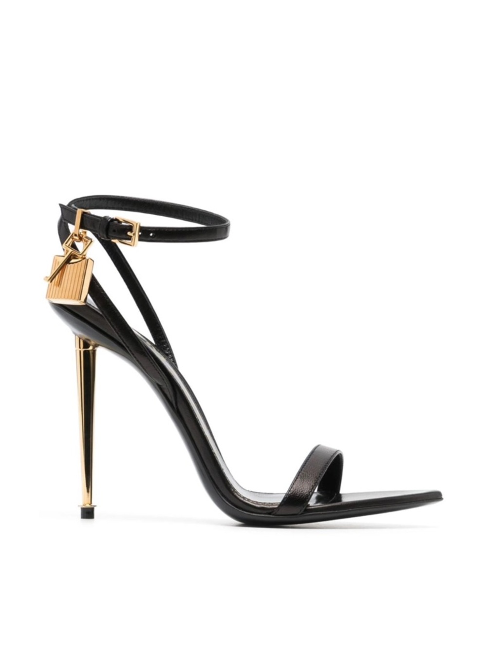 Tom Ford Black Leather Stiletto Sandals with Gold Heel and Padlock Charm